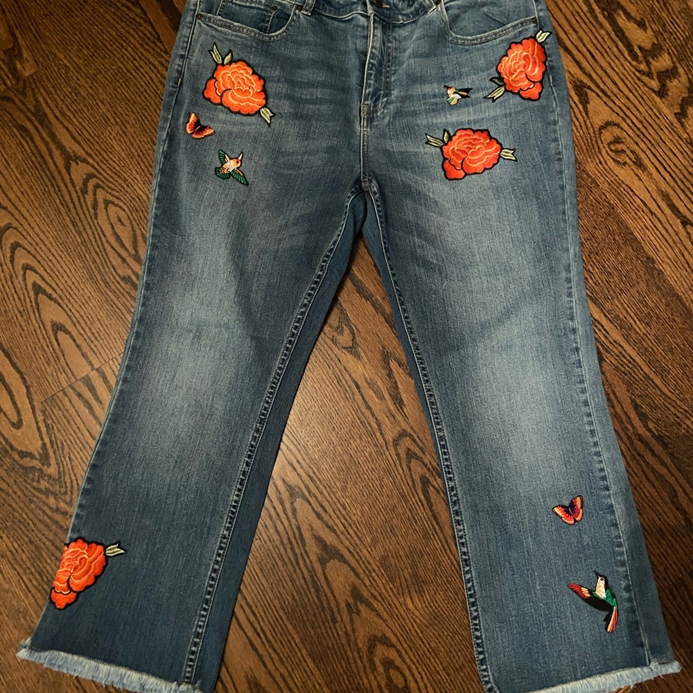 Who What Wear Blue Jeans with Red Floral Embroidery
